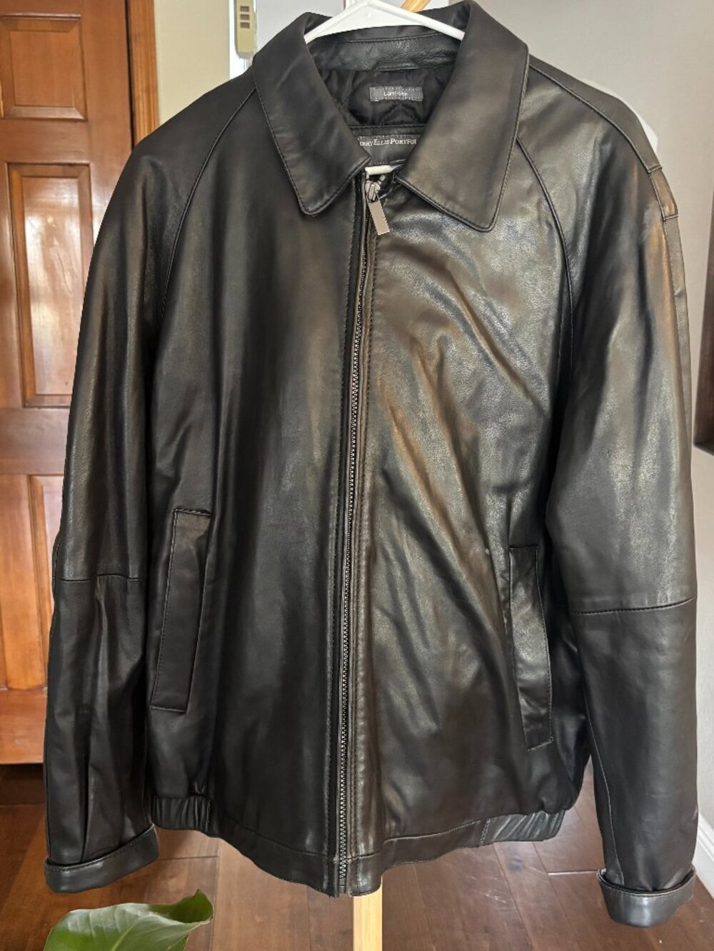 Perry Ellis Portfolio Black Lambskin Leather Jacket Zip Bomber Quilted Men's L